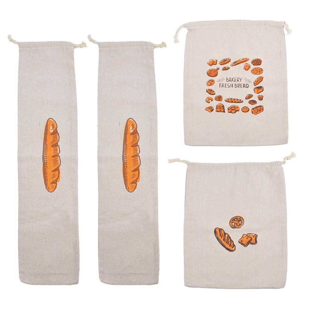 Pack of 4 Organic Linen Bread Storage Bags Reusable Drawstring Designs for Baguettes Vegetables Hand Washable Kitchen