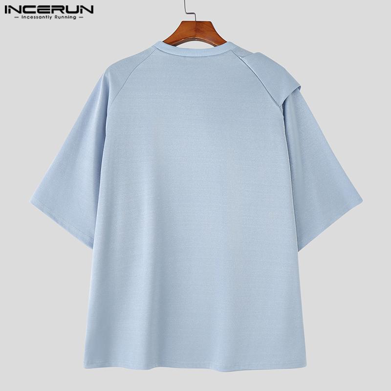 INCERUN Men Round Neck Tie Up Short Sleeve Solid Color Casual Loose Summer T-shirts