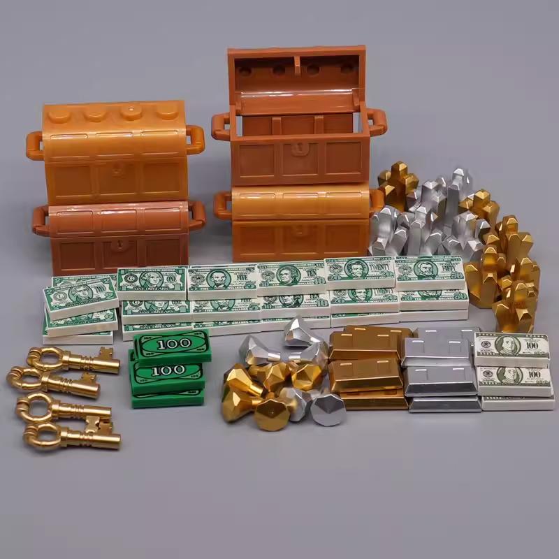 MOC City Treasure Series Set Accessories Building Blocks Gold Ore Silver Crystal Diamond Box Gold Key Dollar Cash Brick Kid Toys