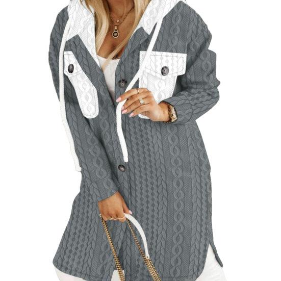 Langer Cardigan für Damen, übergroßer Cardigan mit Kapuze, gemütlicher Kapuzenpullover mit gedrehtem Muster, Kontrastfarbe für dicke Damenjacke