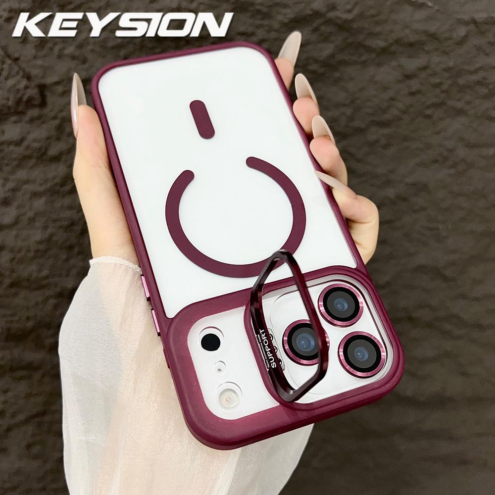 KEYSION Magnetic Transparent Phone Case for MagSafe for iPhone 17 Pro Max 17Air Metal Lens Stand Shockproof Lens Protector Cover