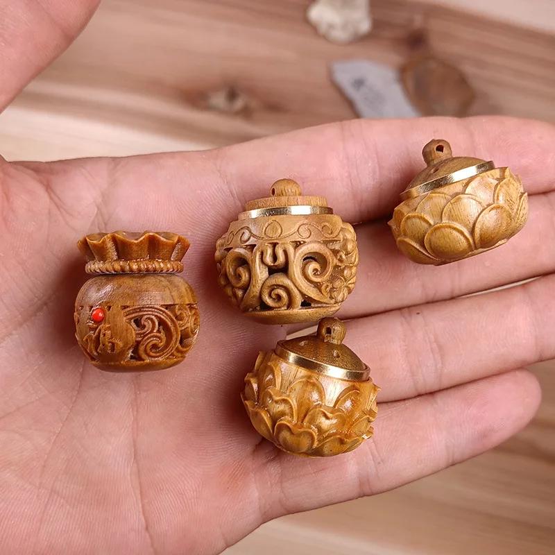 Natural Wood Perfume Bottle Incense Expanding Mini Sandalwood Portable Sealed Jar Pendant Pomander Container Medicine Pill Box