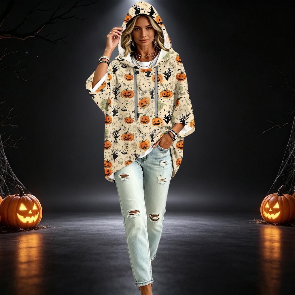 Women's Pullover Hooded Top with Three-Quarter Sleeves and Halloween Print for Costume Party