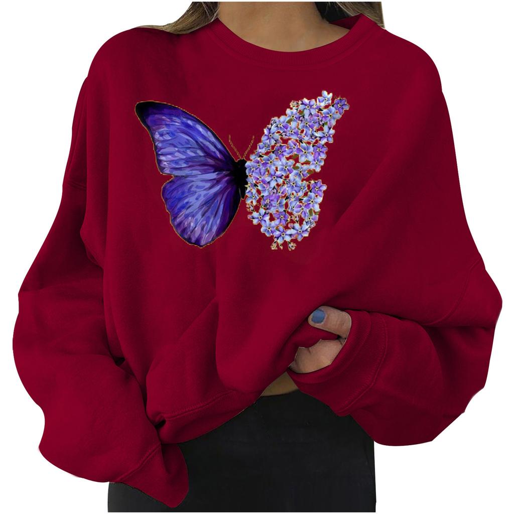 Fashion Women's Casual Long Sleeve Butterfly Print Ladies Sweatshirts Tops
