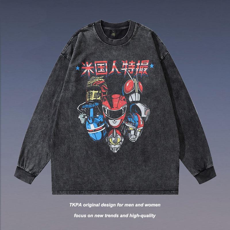 Harajuku Street Retro Trendy Brand Washing Water Old Long-Sleeved T-Shirt Men And Women Oversize Hip-Hop Couple Top
