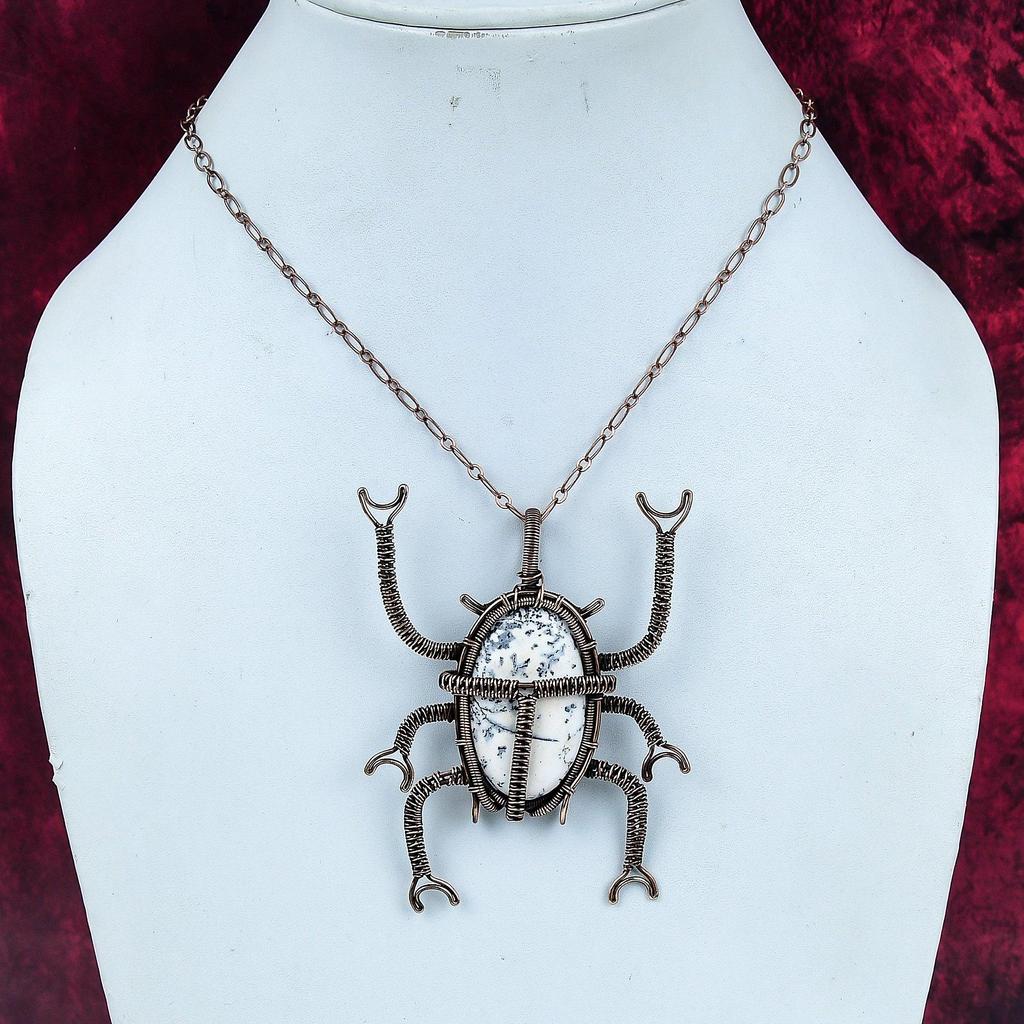 Dendrite Opal Gemstone Pendant Unique Beetle Pendant Copper Wire Wrapped Jewelry