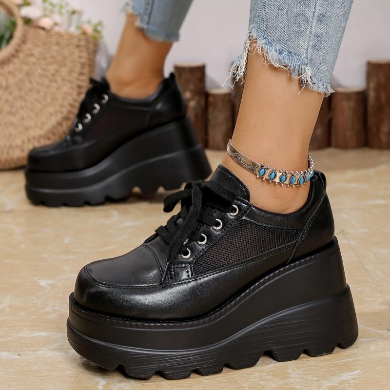 Casual Solid Black Super High Heel Loafer Women 2025 Autumn Chunky Platform Lace Up Pumps Thick Bottom Breathable Mesh Shoes