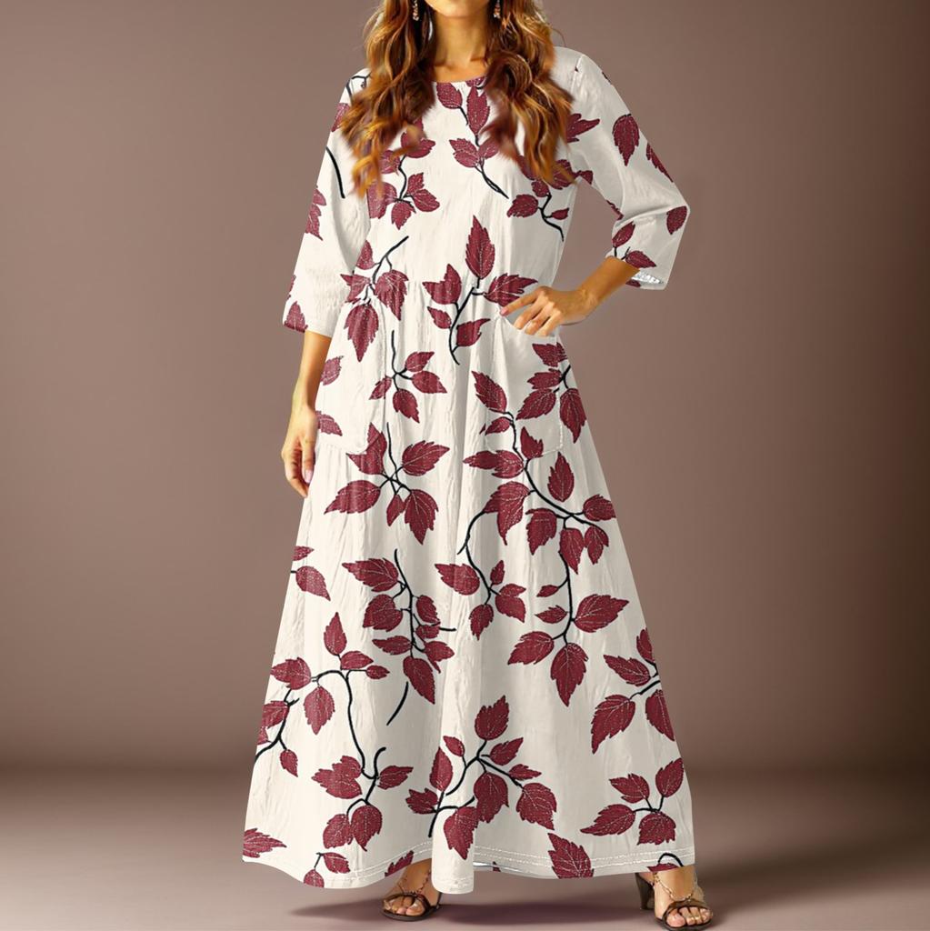 Women's Casual Fashion Vintage Floral Print Three-quarter Sleeve Long Dress With Pockets