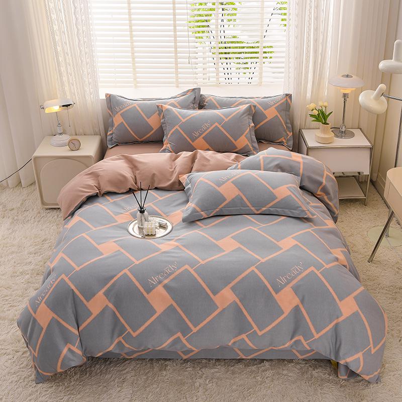 New Stylish Skin-Friendly Cotton Flannel Bedding Set - Thickened Plaid & Floral Design for Students