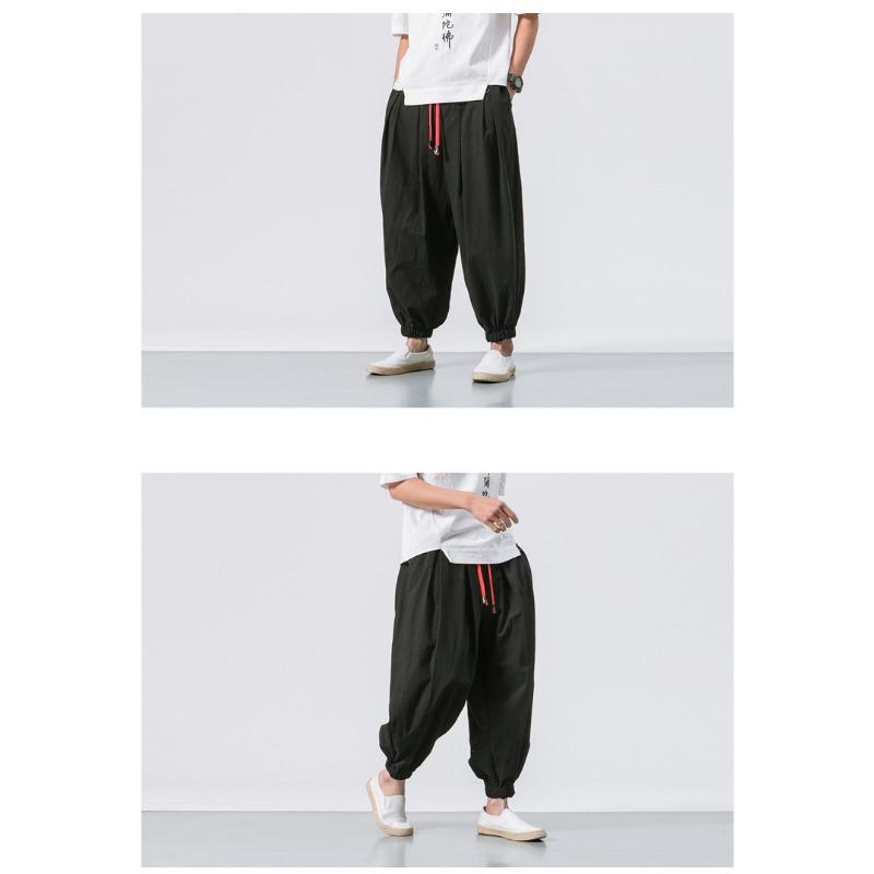 Mens Loose Solid Color Drawstring Lantern Harem Casual Cropped Pants