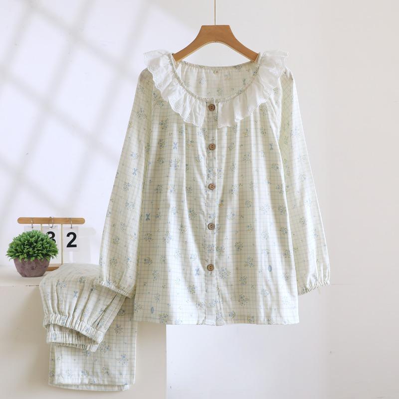 2026 New Spring and Autumn Women's Pajama Set 100% Cotton Gauze Plaid Floral Long Sleeve Cute Doll Collar Home Furnishing Set