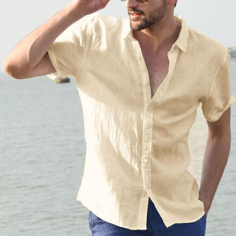 Men's Casual Short Sleeve Shirt Street Wear Lapel Button Solid Color Cotton Linen Shirt for Men Vintage Vacation Blouse