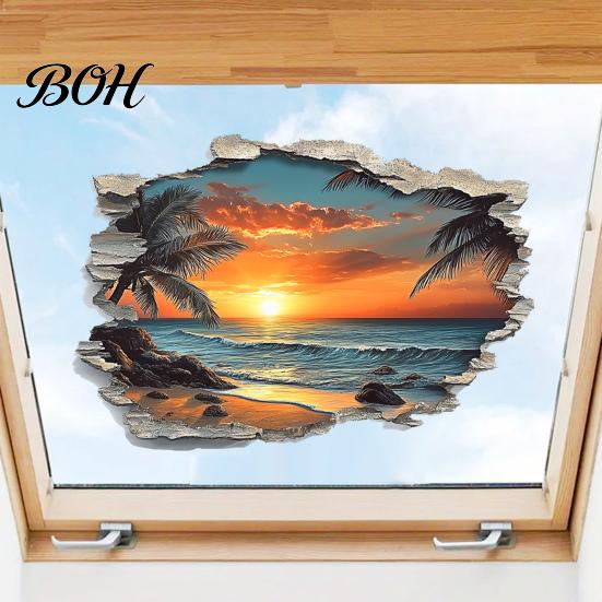Easy Installation Wall Coverings 3D Beach Scenery Sticker, Sunset Coconut Tree Mural, PVC Waterproof Decal, Application Art Decor Removable for Living