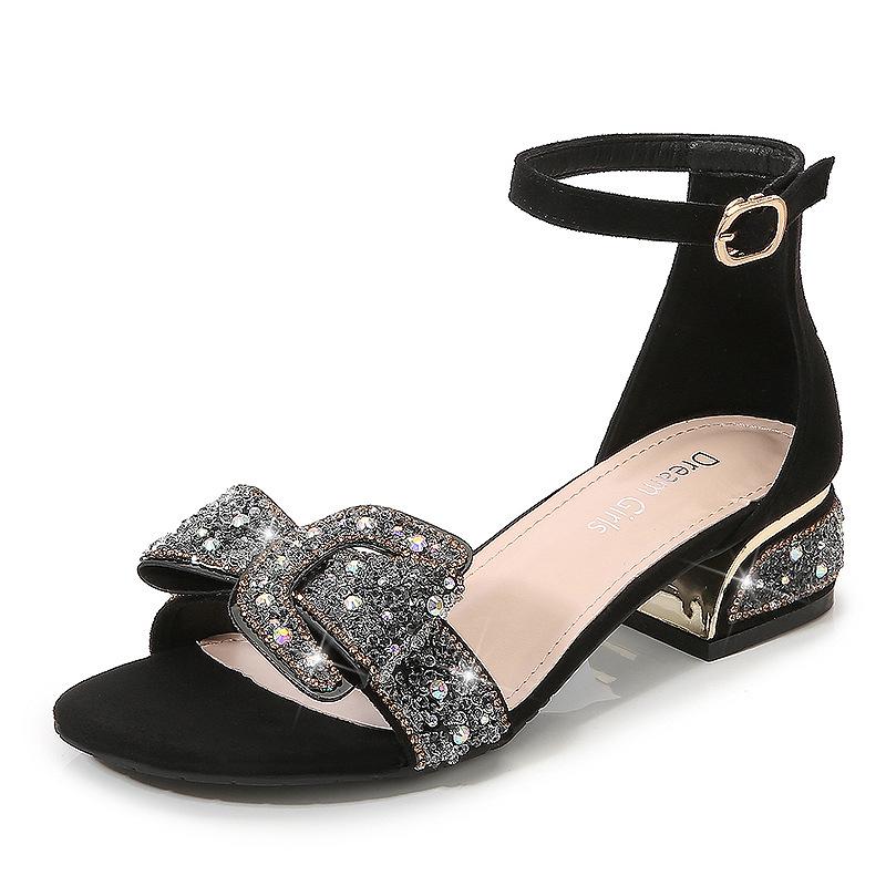 

Fashion crystal bowknot women sandals med-high heels summer shoes glitter beading heel gladiator sandalias cover heel sandales à talons 38 чёрный