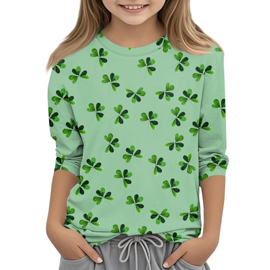St. Patrick's Day Print Tops For Youth Girls 4-11 Years Round Neck 3/4 Sleeves T-Shirts Trendy Tops Outfit Tees
