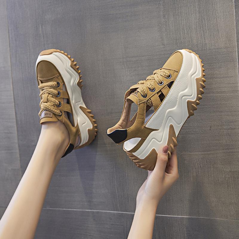 Small inner height increase dad shoes women's versatile leather hollow platform sandals women's breathable casual sports shoes
