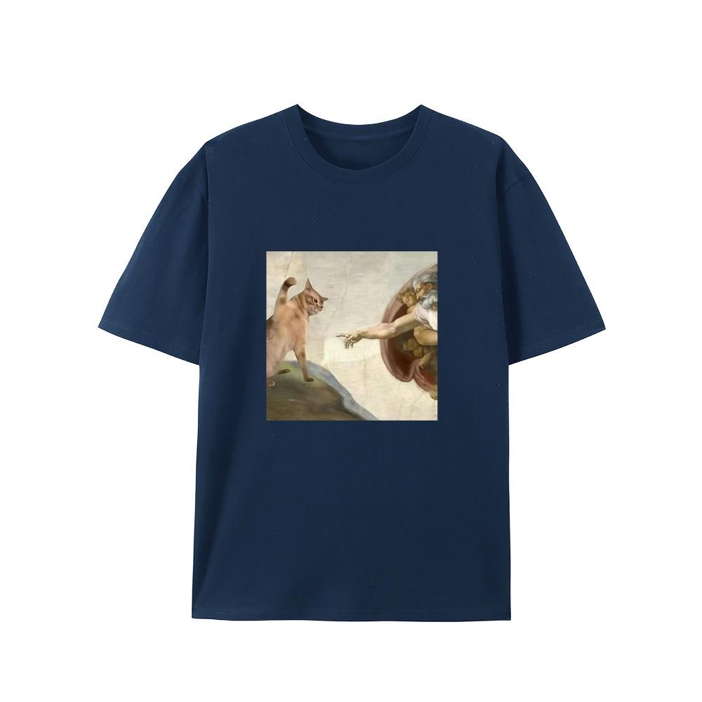 Humorous Cat Pattern T-shirt Casual Round Neck T-shirt Suitable for Adult Short Sleeved Summer Casual Fashion Top