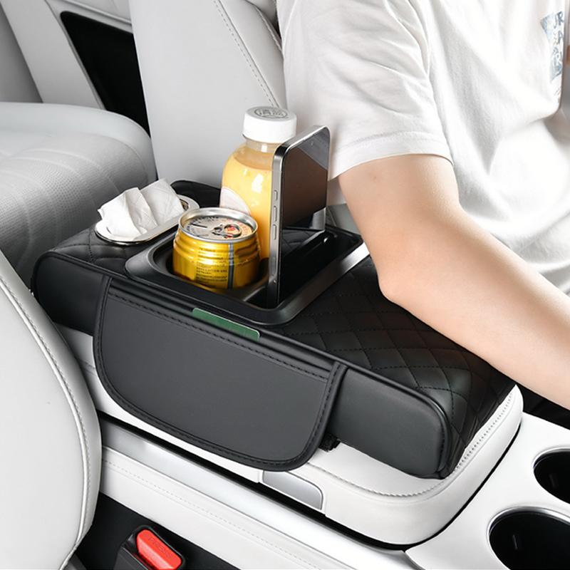 Portable Center Console Armrest Cushion Leather With Cup Holder Tissue Box Car Armrest Pillow Multifunctional Parts & Accessorie