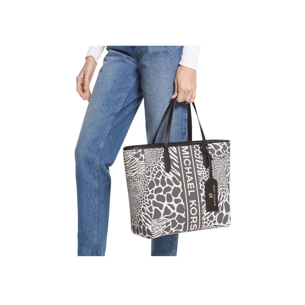 New MICHAEL KORS Sinclair Polyurethane Tote Bag, Shopping Bag, Handbag Women's Black & Ecru 30T2G5ST7J-987