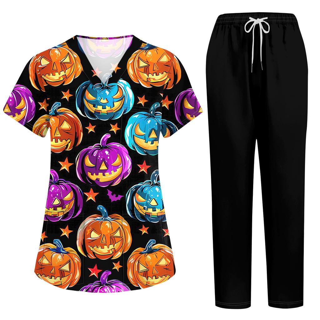 Women's Costume Two-Piece Set Short Sleeve Halloween Print with Pockets Top and Pants