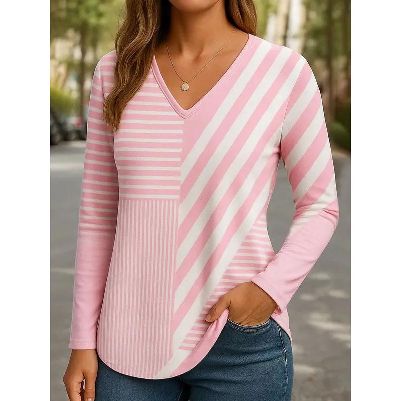 

Spring and Autumn V-neck Striped Geometric Graphic 3D Printed Top Fashionable Elegant Casual Long Sleeved Women s T-shirts 5XL