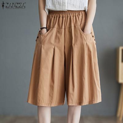 Women Summer Elastic Waist Pocket Pleated Loose Shorts