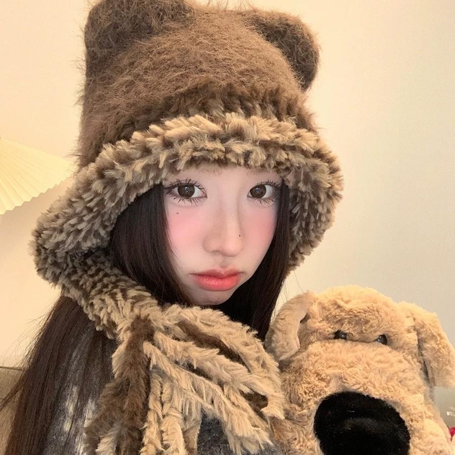 Autumn and Winter Contrasting Colors, Burrs, Ear Protectors, Hats, Warm Braids, Casual Pullovers, Cat Ears Show Face, Small Knitted Hats, Women