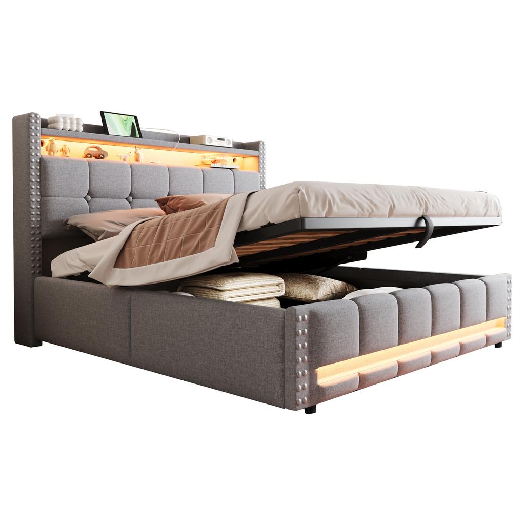 Upholstered Bed 160*200cm with LED Lighting and USB Socket, Headboard with Shelves and Storage, With Hydraulic for Storage, Linen Fabric Light Grey