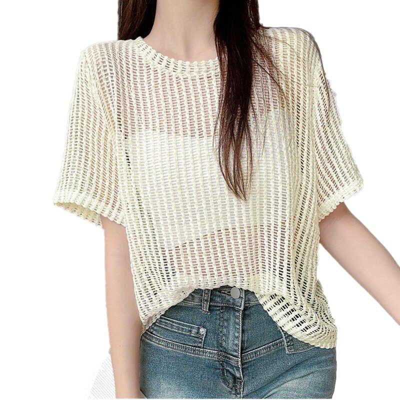 Summer Women's Knitted T-shirt Hollow Knitted Shirt Large Size Short Sleeved Shirt Outer Cover Top