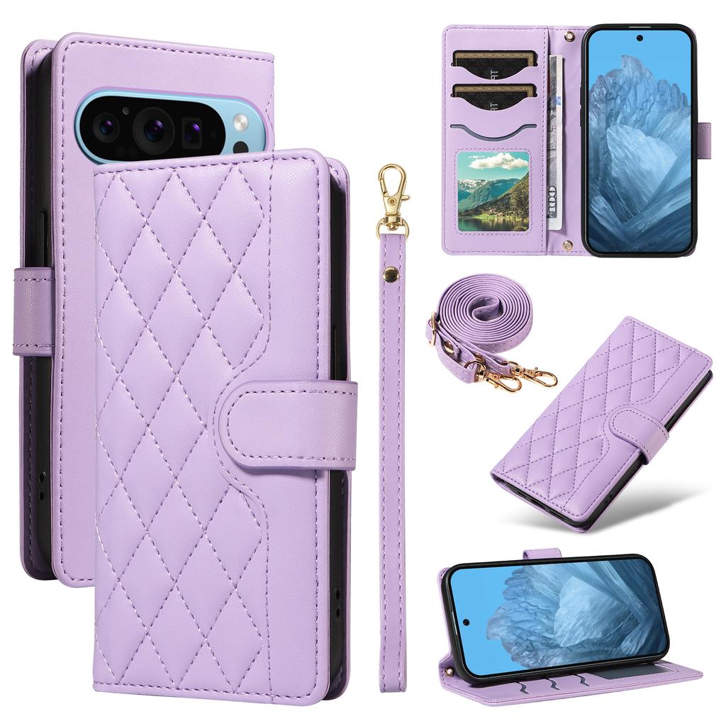 For Google Pixel 10 Pro/10/9 Pro/9 Case Wallet Rhombus Leather Phone Cover with Shoulder Strap,Wrist Strap