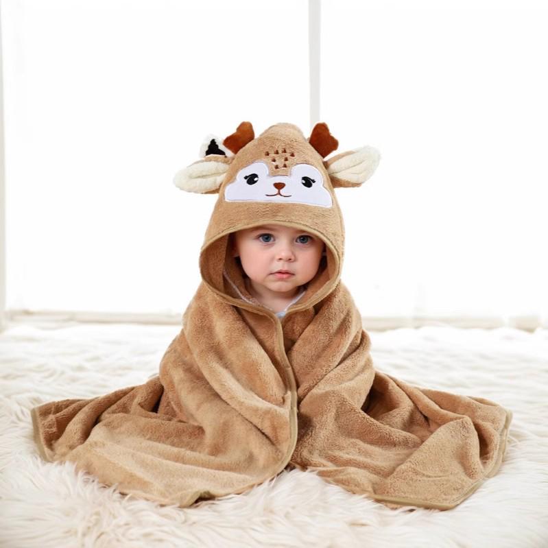 Soft Coral Fleece Baby Swaddle Blanket with Hooded Cape and Embroidery