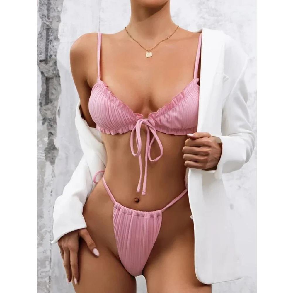 New 2025 Sexy Swimsuit Pit Stripe Bikini Women Swimwear  Bathing Suits Push Up Biquinis Bandage Beachwear Solid Bikini Sets