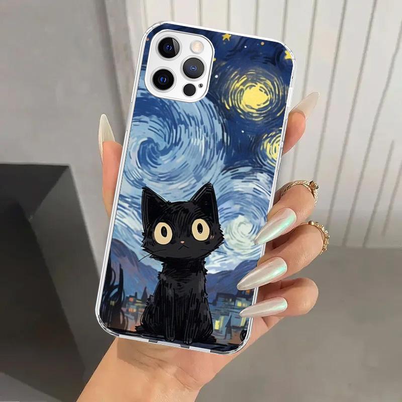 Anime Cute Black Cat Meow Phone Case for Iphone 17 Air 16 15 Plus 14 13 Mini 12 11 Pro Max 16E 7 8 SE 2020 Soft Funda Print Shel