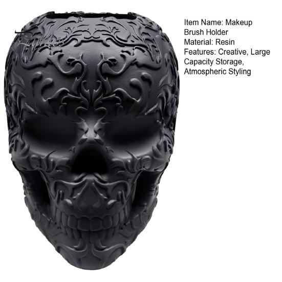 Halloween Room Decor Skull Makeup Brush Holder, Matte Black Gothic Skeleton Pen Organizer Spooky Home Decorations for Desk, Resin Storage Figurine