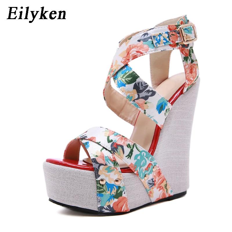 Fashion Eilyken Summer Fashion Wedge Platform Sandals Woman Buckle Strap Silk Printed Sexy Female Party Casual Shoes