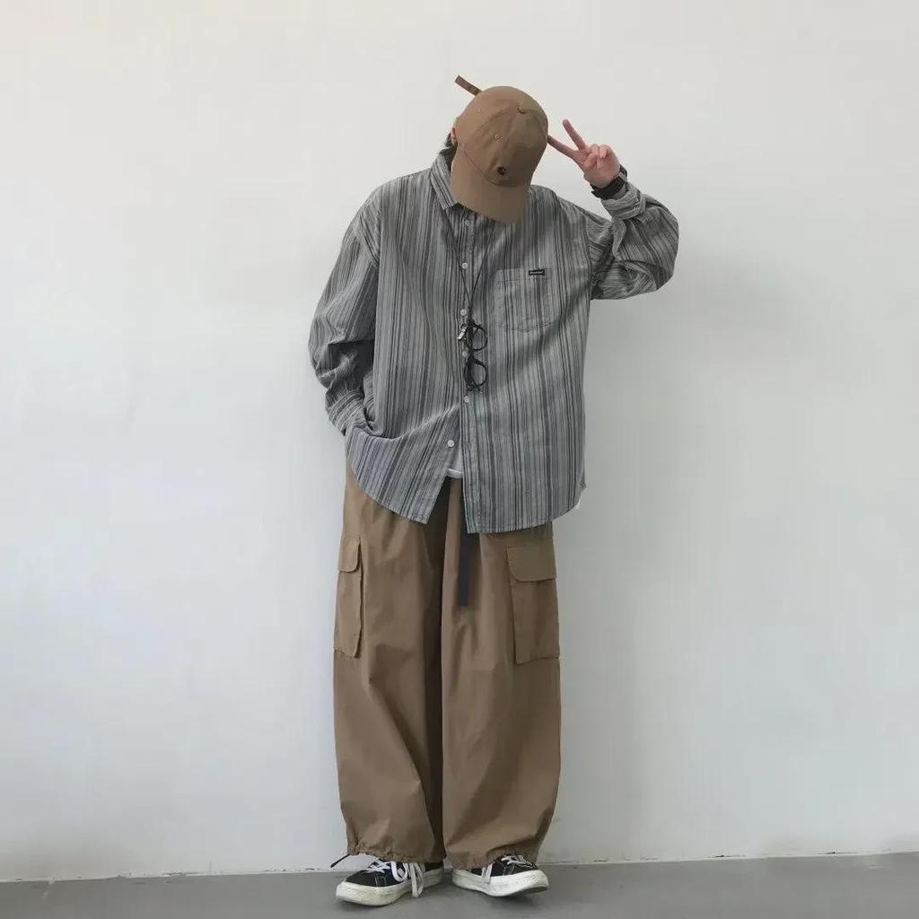 Herr Japansk Retro Randig Långärmad Skjorta - Vår/Höst, Lös Passform, Unisex Trendig Stil.