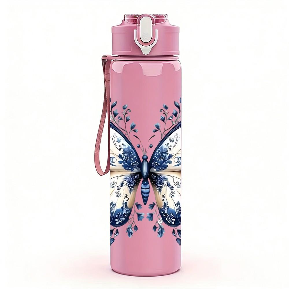 1PC Bright Blue Butterfly Pattern 750ml Color Plastic Sports Water Bottle Leakproof Flip Straw Lid Suitable for Sports Office Home Use