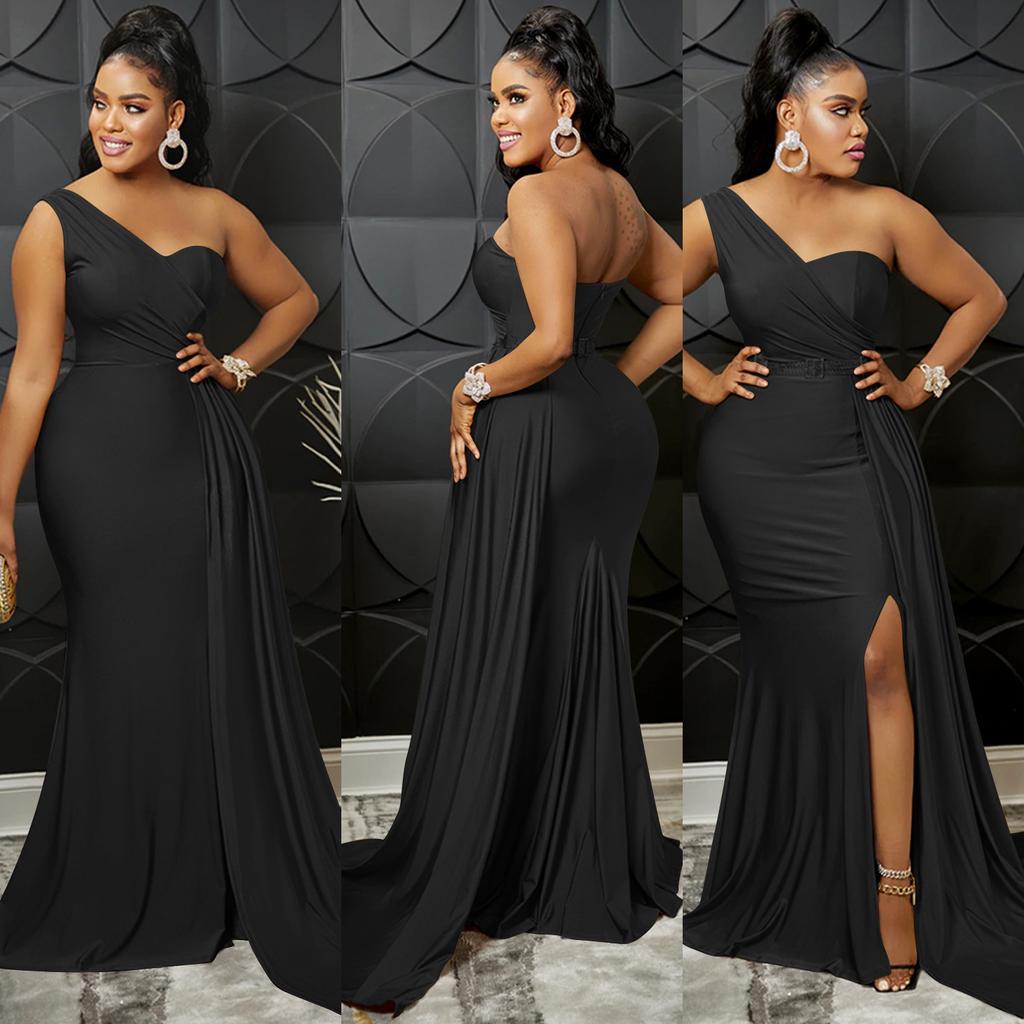 New Fashion Solid Color Sexy Tight One-shoulder Sleeve Long Dress for Party - Women's Private Wear Aristocratic Style Evening Gown