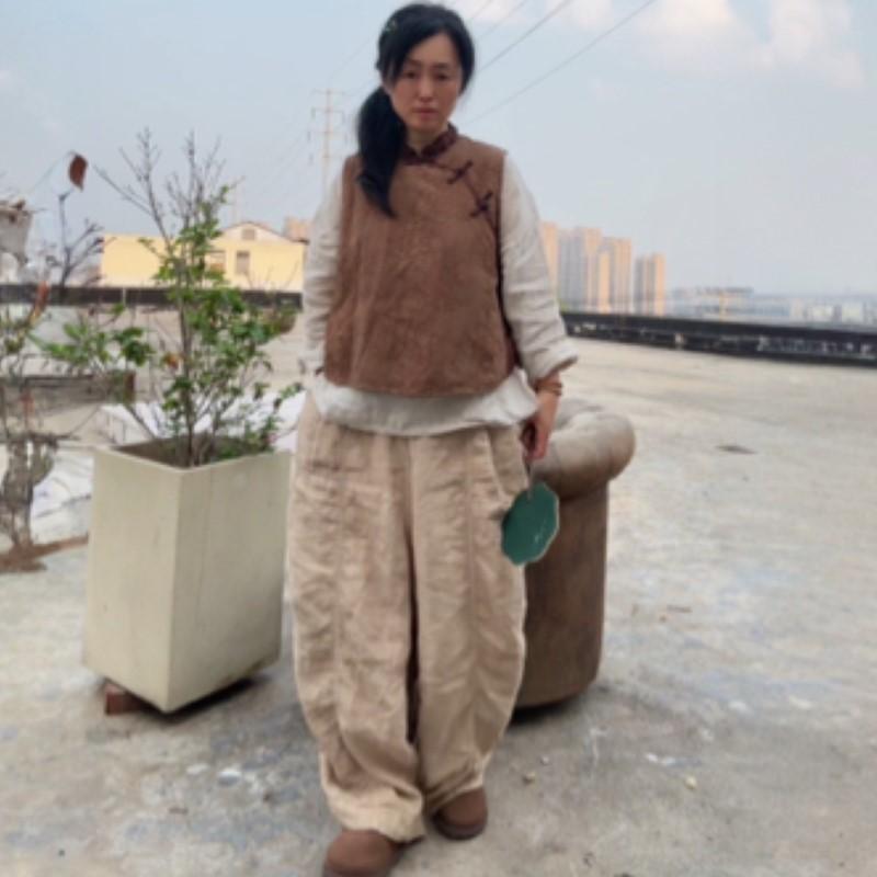 Johnature Dámské vintage kalhoty se širokými nohavicemi, jednobarevné, patchworkové, podzimní kalhoty, elastický pas, volné dlouhé kalhoty