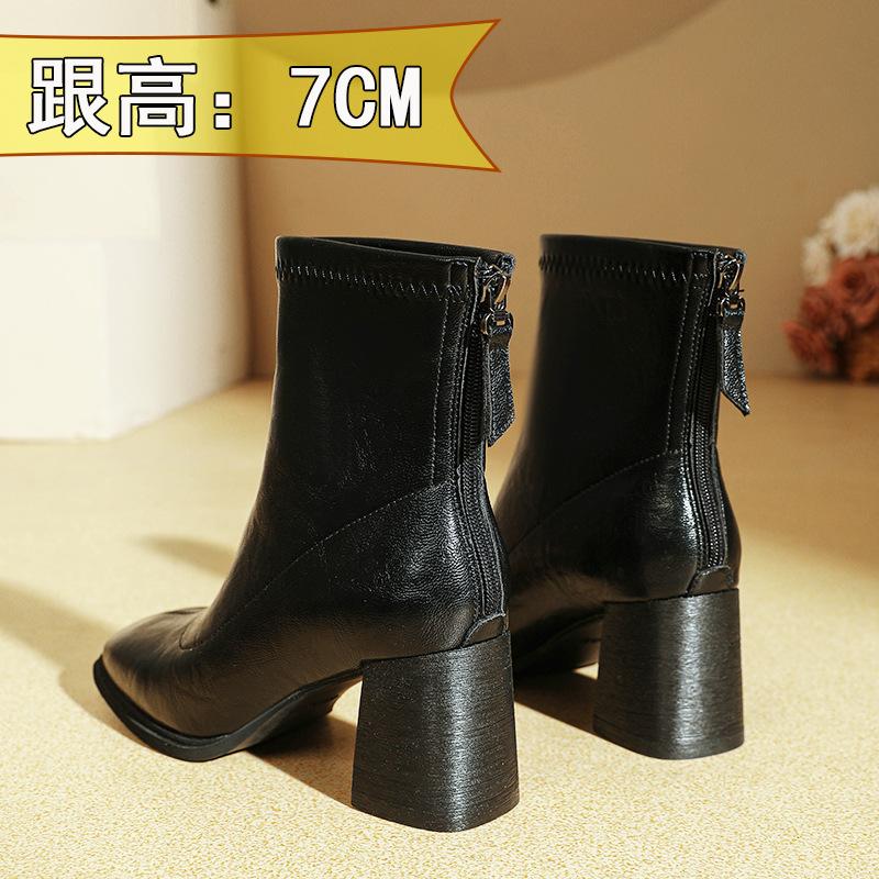 Women's Winter Boots Medium Boots 2025 New High Heel Short Boots Women's Brown Martin Boots Square Head Skinny Boots Thick Heel