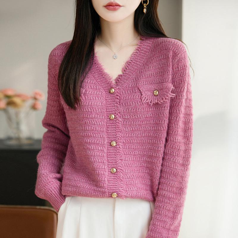Elegant Women's V-Neck French Knit Cardigan - Warm, Versatile Heather Yarn Sweater