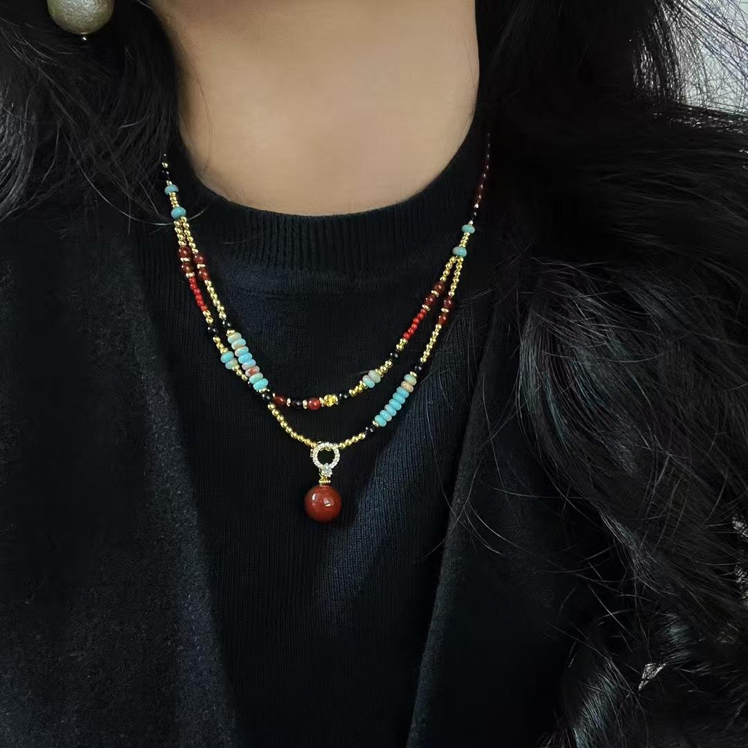 

Vintage Natural Chalcedony Pendant Double-Layer Design Sense Collarbone Chain Necklace