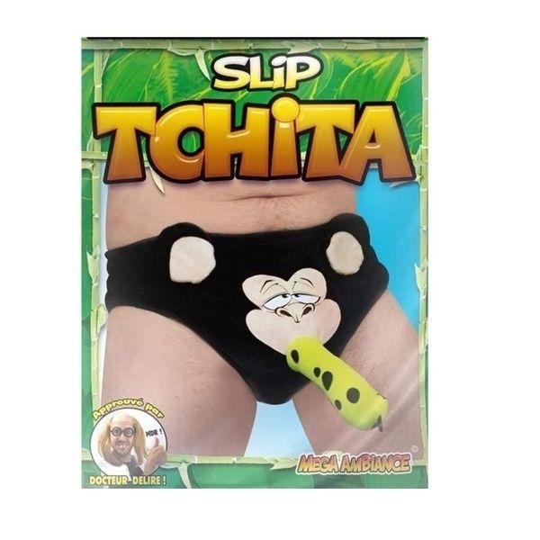 Tanga amuzantă cu cap de maimuță banană în gură