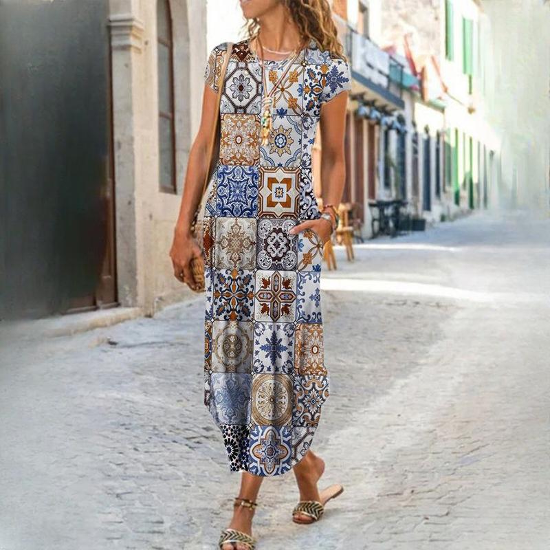 IHUASU Women's O Neck Plug Pocket Short Sleeve Trendy Printed Dresses