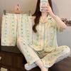 Summer Cloud Cotton Pajamas Women'S Japanese Casual Small Floral Short-Sleeved Trousers Loungewear Three-Piece Set