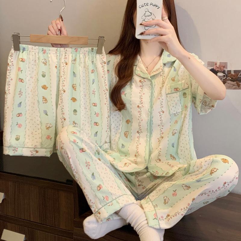 Summer Cloud Cotton Pajamas Women'S Japanese Casual Small Floral Short-Sleeved Trousers Loungewear Three-Piece Set