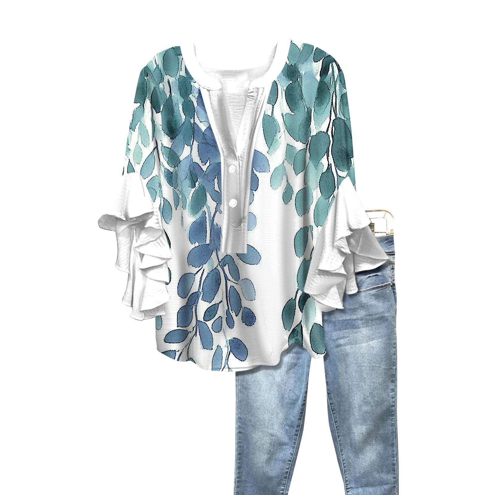 Summer Women s Tops V-Neck Seven Sleeve Shirt Spring Summer Floral Printed Tops Casual Shirt XXL