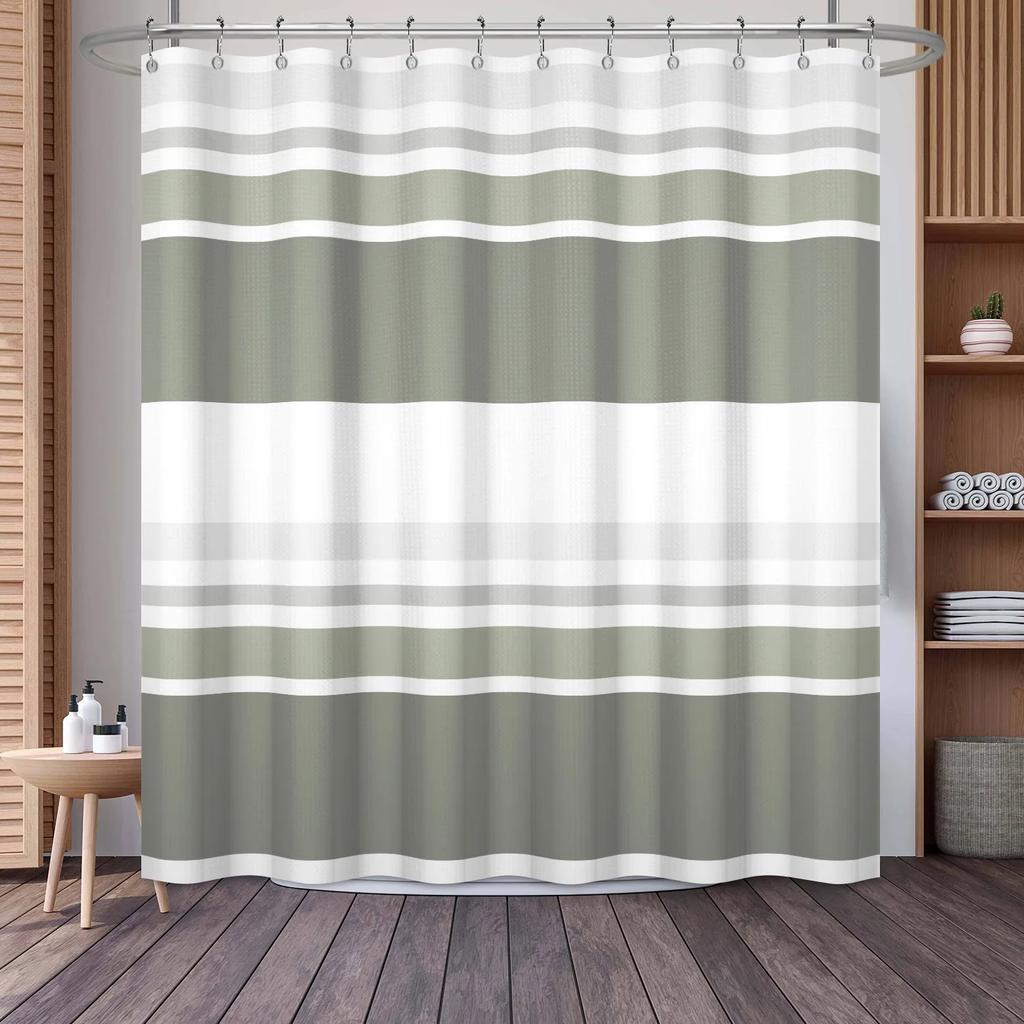 Waffle Shower Curtains Modern Hotel Style Striped Geometric Pattern Bath Decor Waterproof Polyester Bathroom Curtain with Hooks