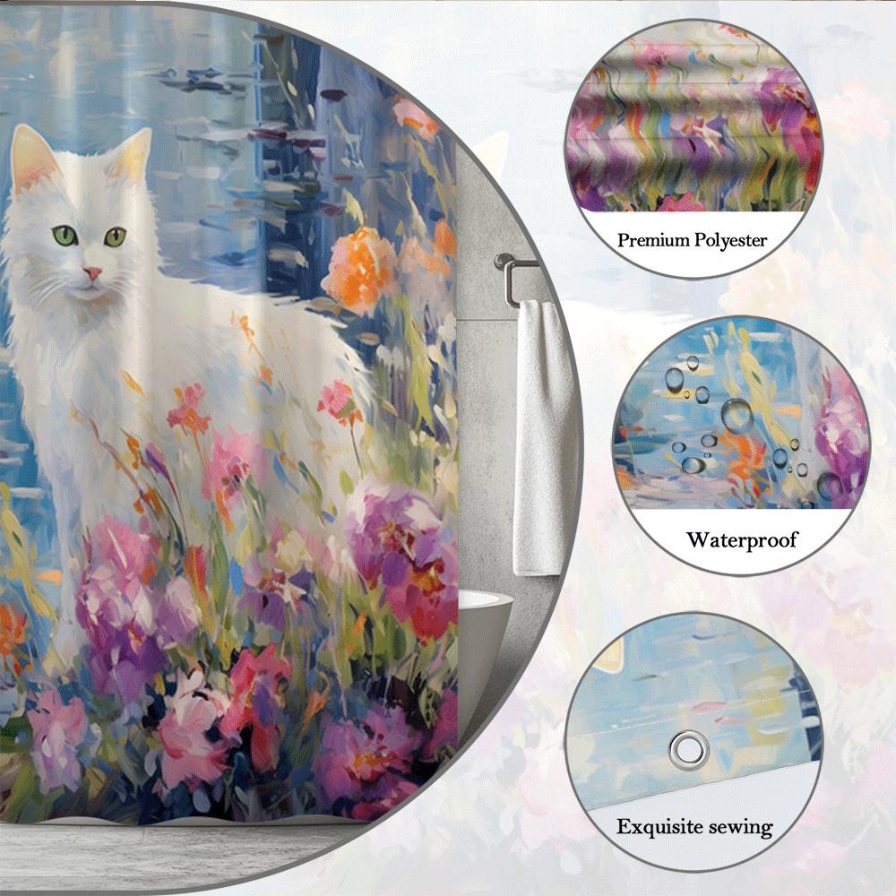 White Cat In Flower Garden Shower Curtain Watercolor Style Artistic Scene Whimsical Pet Lover Decor Waterproof Elevate Space