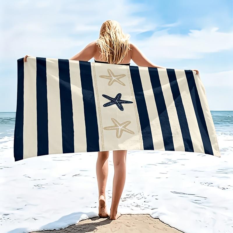 1Pc Navy Stripe Starfish Beach Towel Quick Dry High Absorbency Large Bath Towel For Beach Vacation